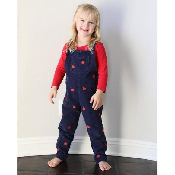 Mini Boden Relaxed Corduroy Overalls Apple Embroidery College Navy Blue 5-6Y - Picture 1 of 11